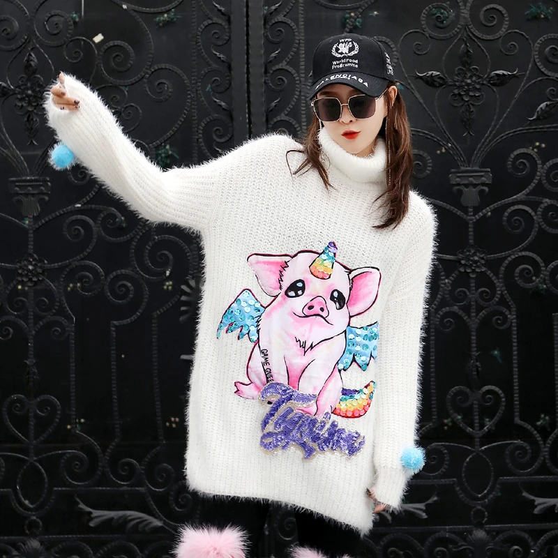 ^*Best Offers Tide brand cartoon plush sweater female European station 2018 winter sequined high collar sweater bottoming sweater female