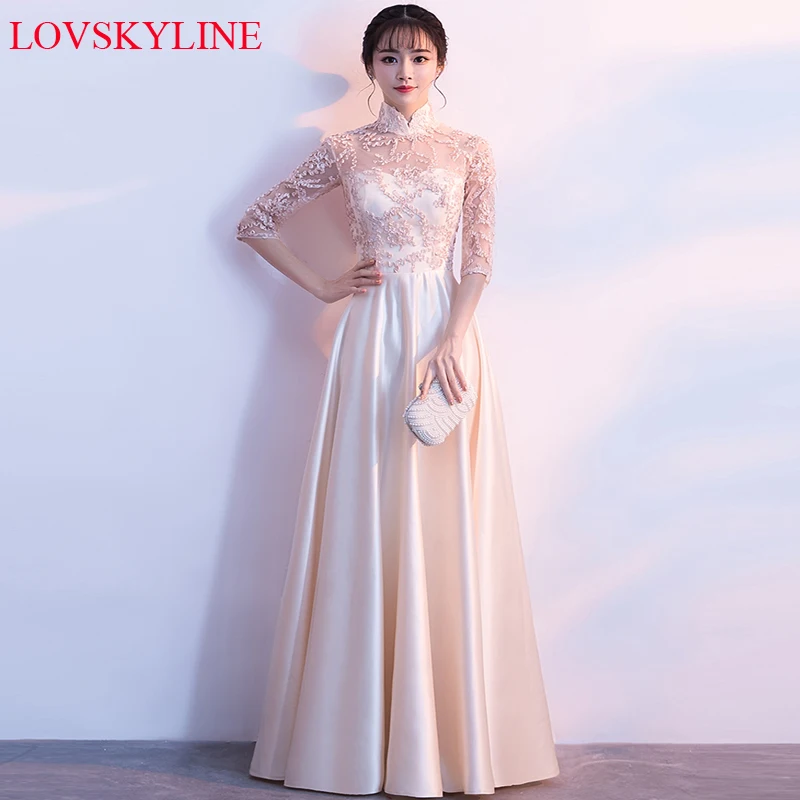 

Champagne Evening Dresses 2018 Plus Size Satin Appliques Long Formal Dresses Gowns High Neck Lace Up Half Sleeves Robe De Soiree