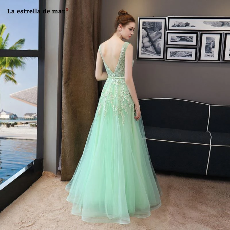 Vestidos de festa vestido longo para casamento2018 новые кружевные сексуальные с v-образным вырезом сзади открытые линии Мятные зеленые платья для подружки невесты дешево