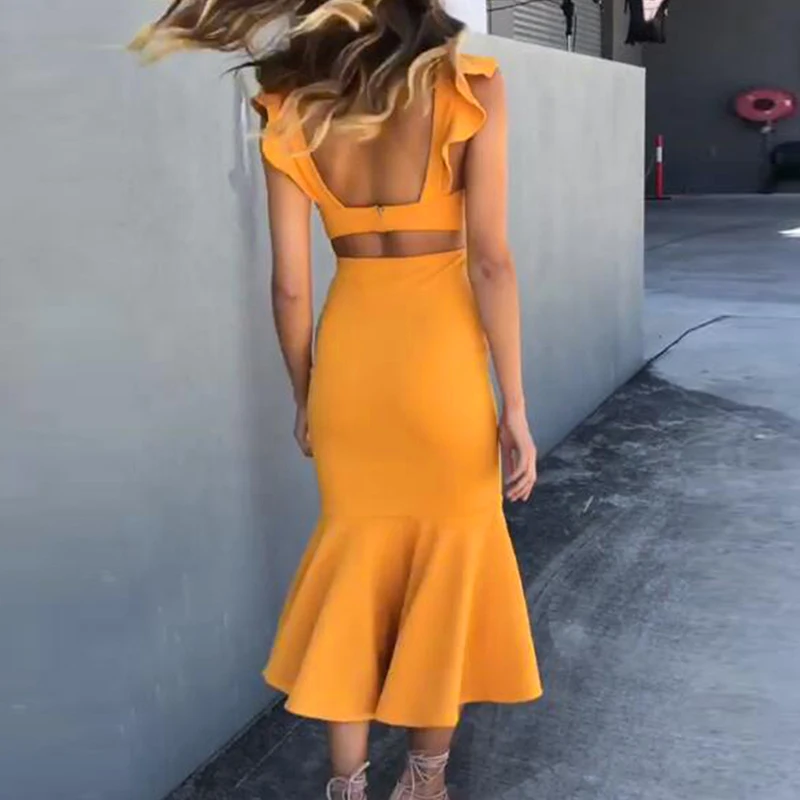 Sexy Women's Strappy Backless Dresses Female Sleeveless Ruffles Dress Fashion Vestidos Frill Hem Mid-Calf Long Mermaid Dress