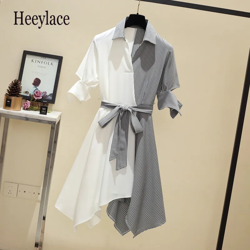 

2019 Women Summer Office Lady Belted Vestidos Work Wear Slim korean fashion style stripe patchwork Dress plus size clothes