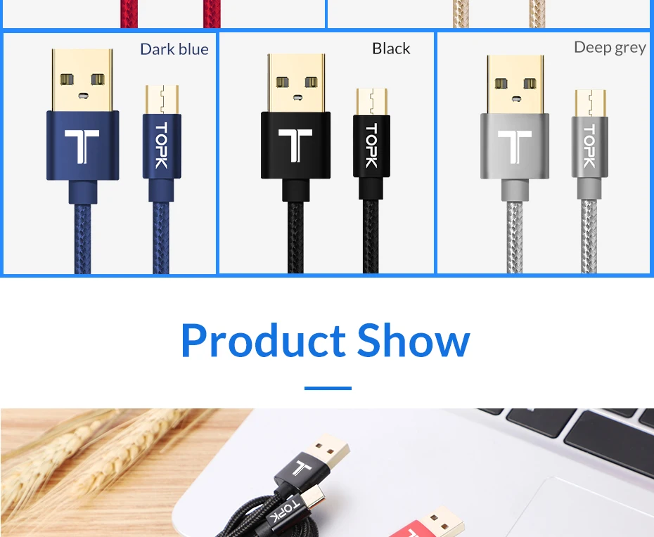 TOPK Micro USB кабель с нейлоновой оплеткой, провод с металлической вилкой, кабель для синхронизации данных и зарядки, кабель для зарядки Microusb для samsung, Xiaomi, huawei, htc