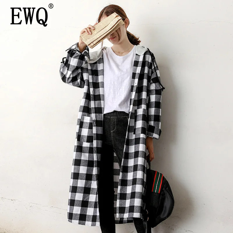 

[EWQ] Spring Summer 2019 New Style Hooded Collar Long Sleeve Plaid Patchwork Single Breasted Loose Vintage Long Shirt Coat AD765
