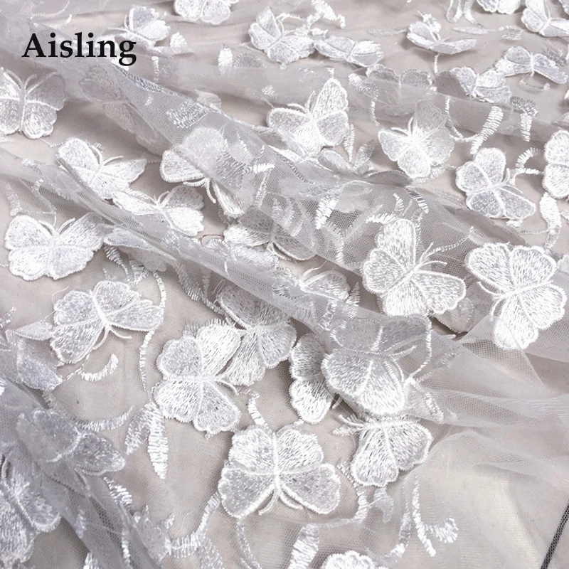 Стиль синий белый 3D сетка пряжа кружевная бабочка из ткани Элегантные Вышитые свадебное платье ткань материал DIY аксессуары D641