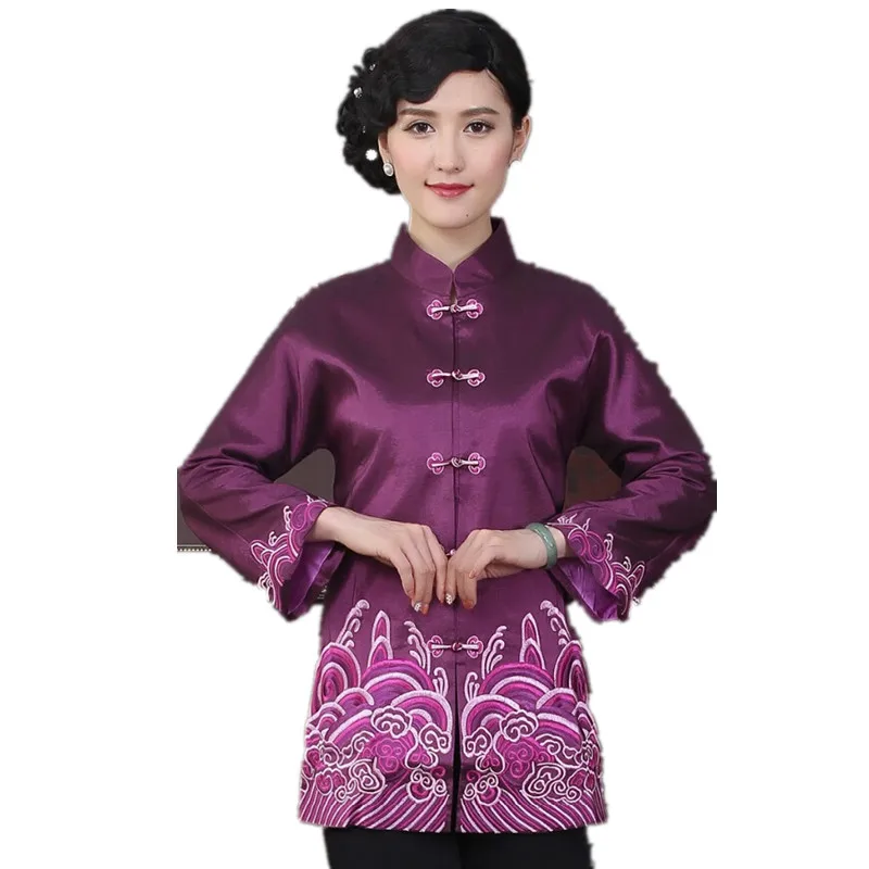 Alta moda viola tradizione cinese delle donne ricama cappotti giacche della tuta sportiva nazionale delle donne vestito di linguetta giacca ml xl xxl 3xl