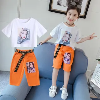 

2020 New Summer Girls Clothing Sets Fashion Cotton Print Short Sleeve T-shirt Belt Shorts Sport Suits Teenage Girls Clothing Set