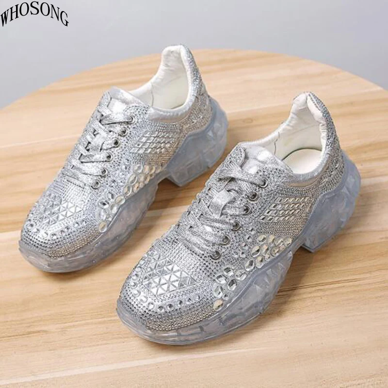 

WHOSONG Diamond white shoes 2019 spring new women's shoes silver casual sneakers web celebrity dad shoes M139