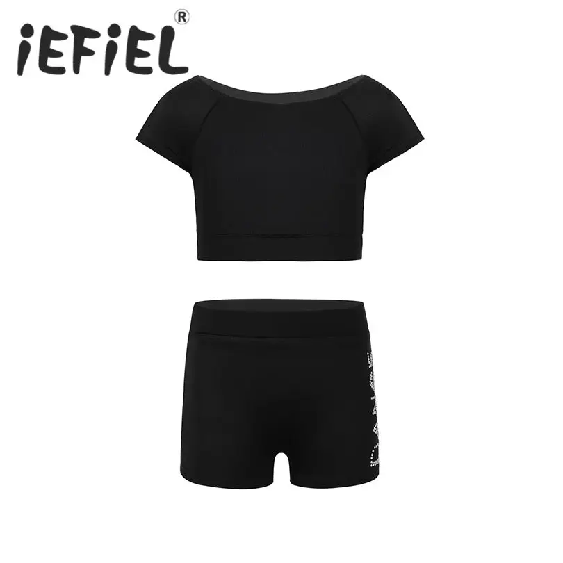 

iEFiEL Children Girl Tankini Outfit Short Sleeves Tank Top with Letters Printed Bottoms Set for Ballet Dance Gym Workout Clothes