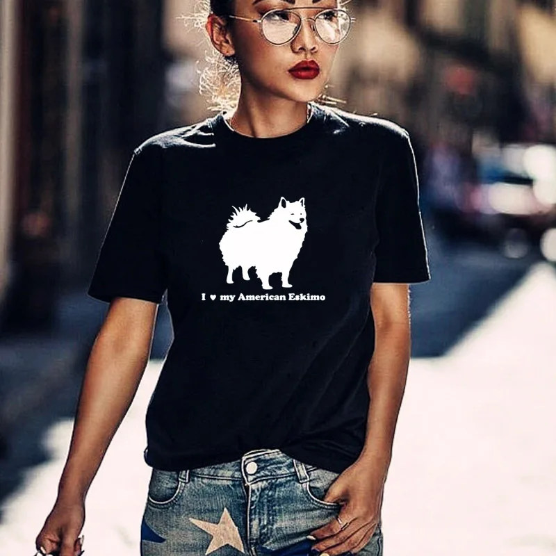 Футболка женская хлопковая с принтом I Love my American Eskimo Heart | Женская одежда