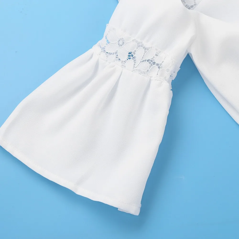 iiniim Kids Girls Bell Sleeves Lace Splice Top White Blouses with Bowtie for Casual Spring Summer Autumn Party Girl Shirts
