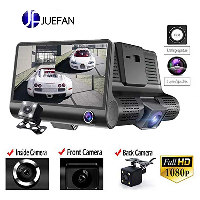 JUEFAN, новинка, 4,0 дюймов, 1080 P, двойной объектив, Full HD, Автомобильный видеорегистратор, камера заднего вида, 170 градусов, Автомобильный видеорегистратор, g-сенсор, Автоматическая автомобильная камера, рекордер