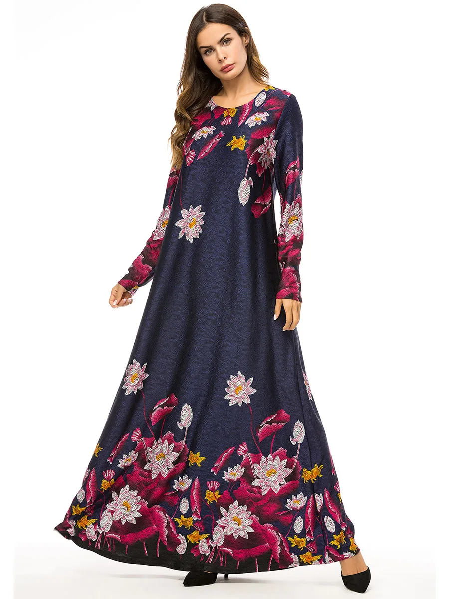 

Spring Autumn Women Boho Full Sleeve Long Flower Dress Spring Loose Maxi Floral Print Dress Femme Blue Muslim Dress Arab Robe Pl