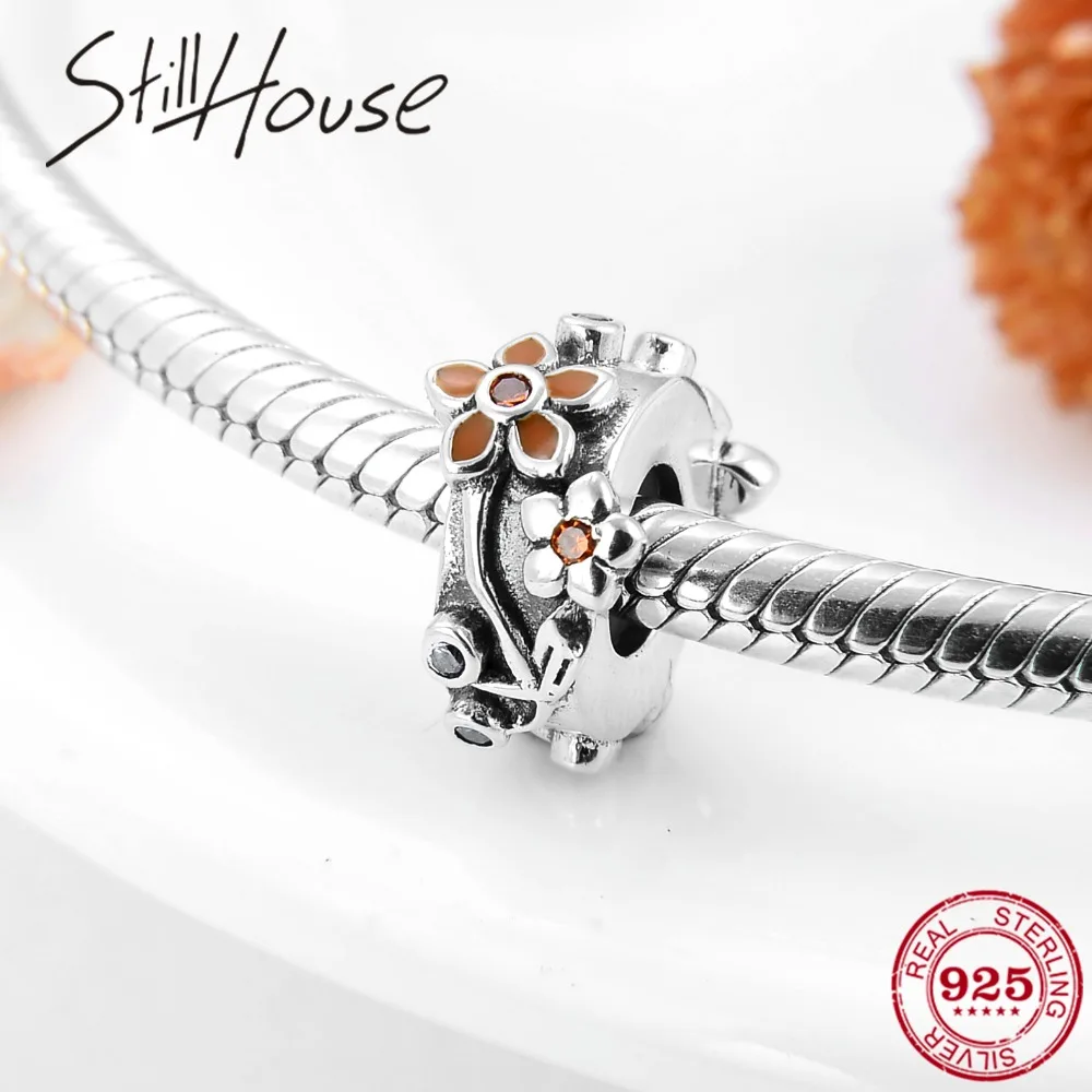 

New Emboss Orange Flowers CZ Stopper Spacer Beads 925 Sterling Silver For Jewelry making Fit Original diy Pandora Bracelet