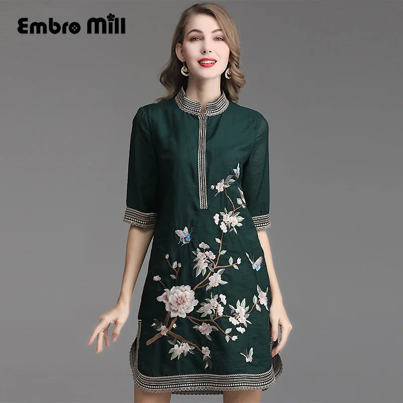 

High-end summer women Standing collar embroidery Plant flower Five-point sleeve sleeve Slim elegant fashion Woman dress M-4XL