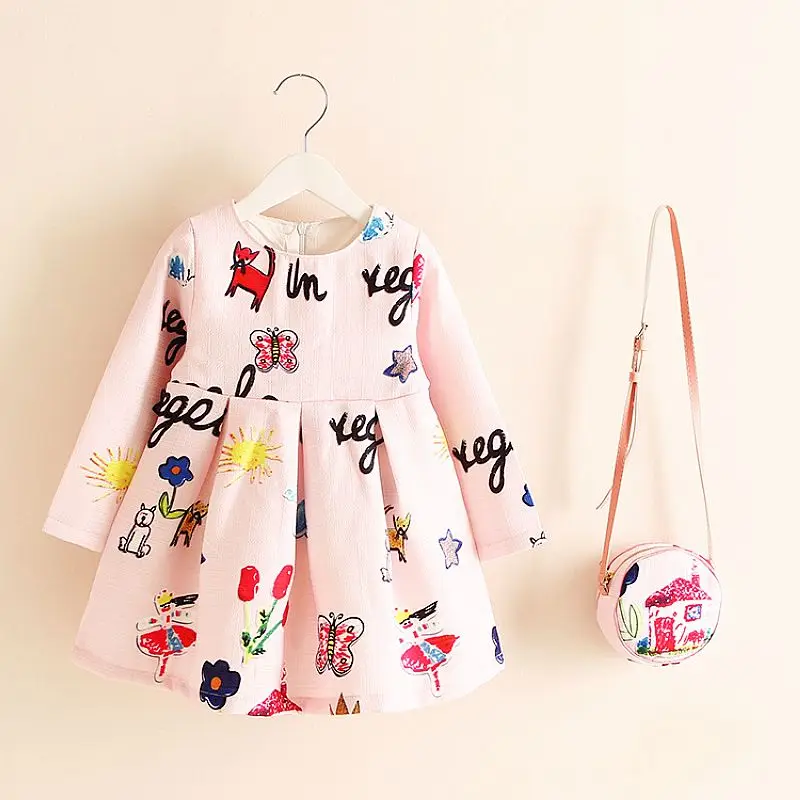 Online Vestido para niñas con bolsa 2017 Vestidos de otoño para niños de marca para Niñas Ropa Floral para niños vestido de Navidad Vestidos de princesa