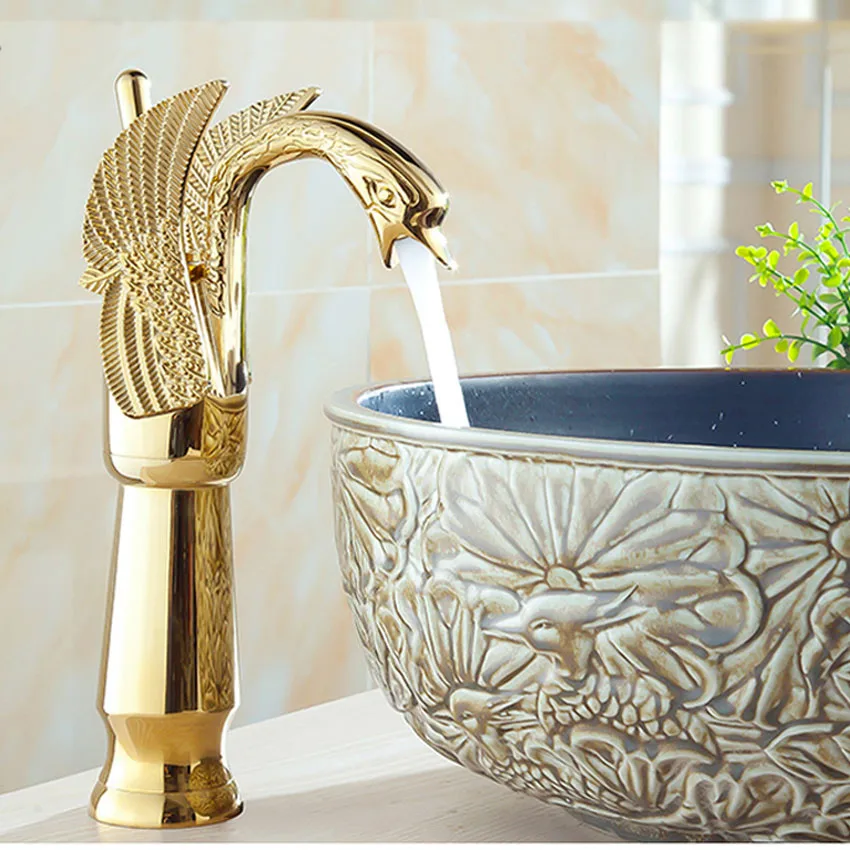 1PC SY-8005 New Design Luxury Copper hot and cold taps Swan faucet Gold plated gold wash basin high | Обустройство дома