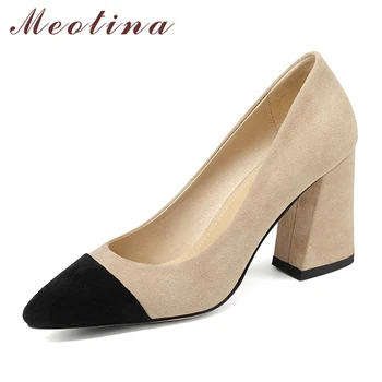

Meotina High Heels Women Pumps Chunky High Heels Office Lady Shoes Mixed Colors Pointed Toe Shoes New Spring Gray Big Size 34-43