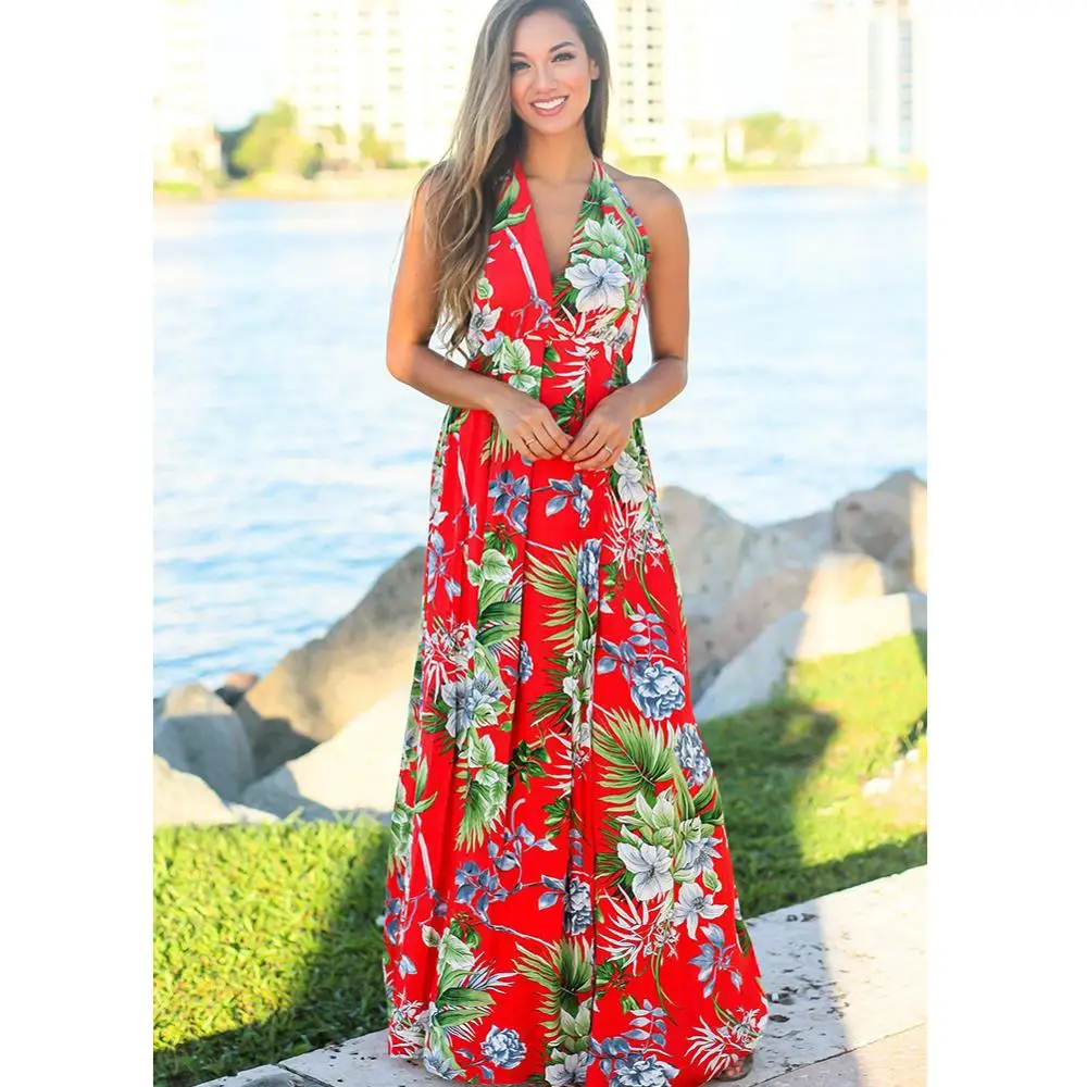 

Womens Summer Boho Maxi Long Dress Evening Party Beach Dresses Sundress Floral Print Sexy Backless Dress D190502