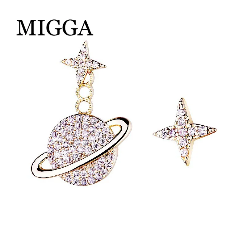 

MIGGA Shining Cubic Zirconia Paved Saturn Star Stud Earrings Gold Color Fashion Women Studs Asymmetrical Jewelry