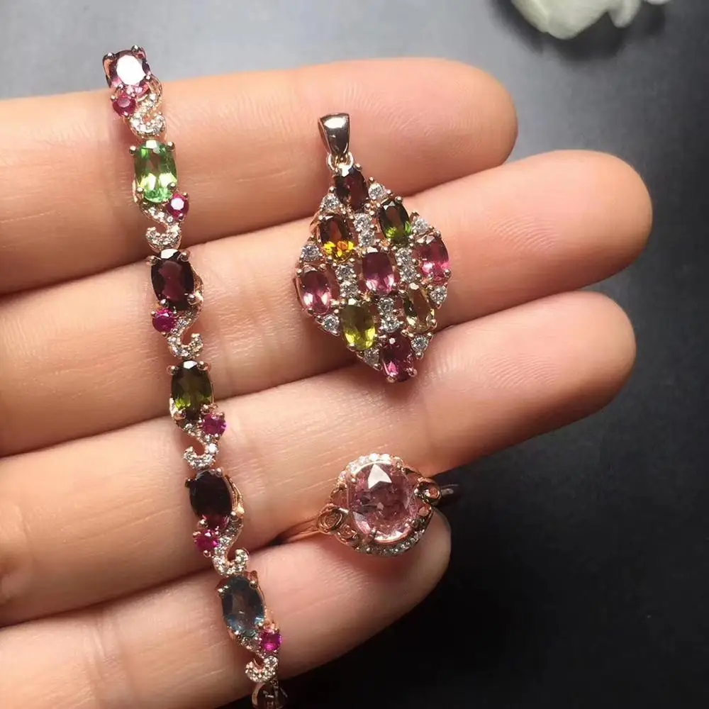 

Fine Jewelry Real 925 Sterling Silver S925 Natural Tourmaline Gemstone Female Jewelry Set for Women Fine Jewelry Sets
