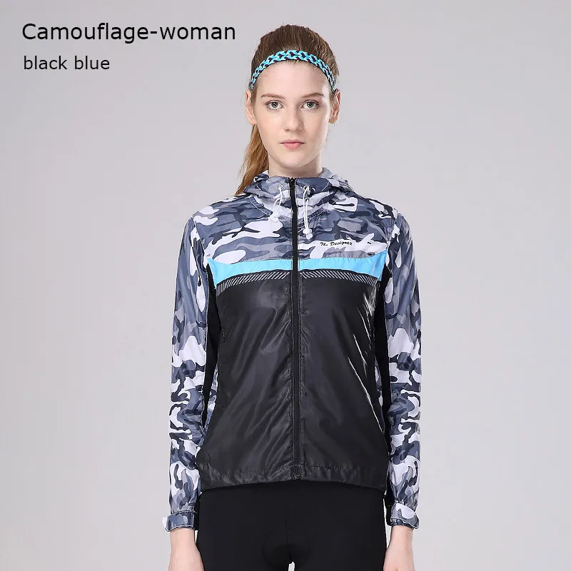 Мужская и женская куртка для езды на велосипеде, ветрозащитная куртка с длинным рукавом для велоспорта, пальто с капюшоном, Джерси, Солнцезащитная одежда для мужчин - Цвет: black blue woman
