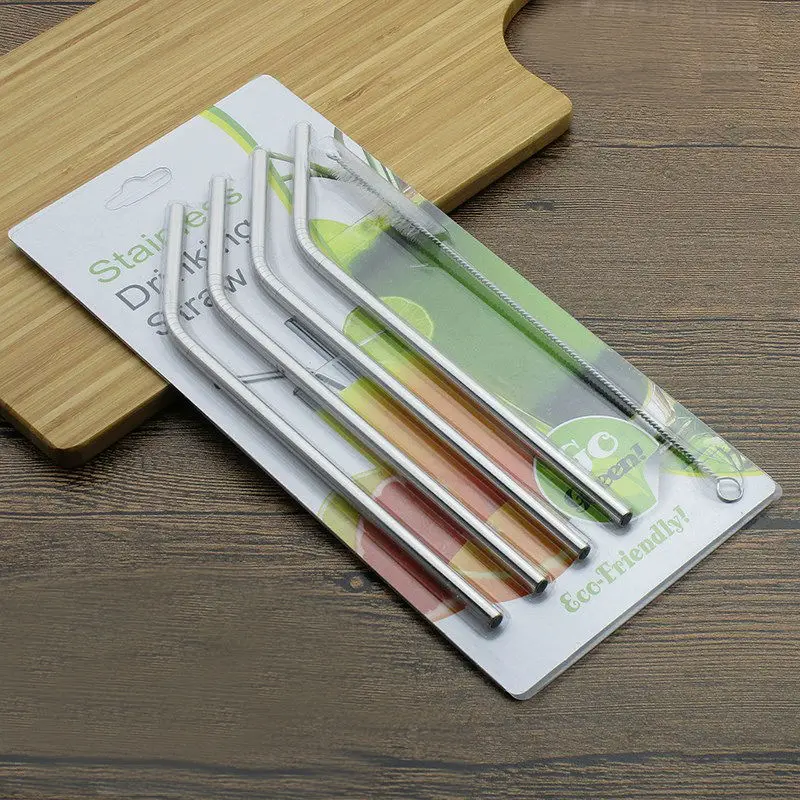 

4pcs/pack Stainless Steel Straw With Cleaner Brush Bend Straight Drinking Straw Kitchen Bar Party Accessories