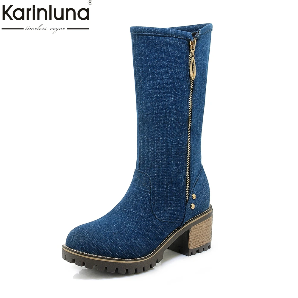 

Karinluna large Size 35-44 top quality zip up shoes woman boots square heels black spring autumn mid calf boots woman shoes