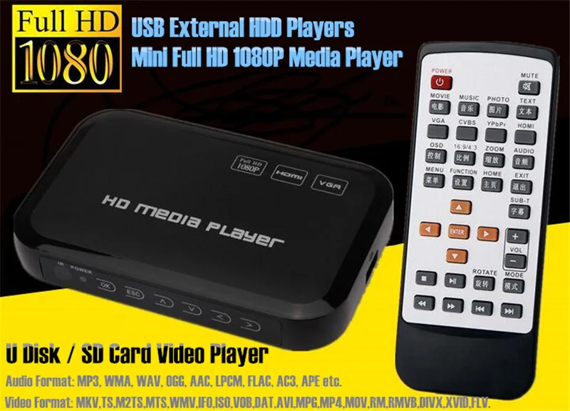 Mini Full HD 1080P USB внешний HDD плеер с SD MMC U диском Поддержка MKV AVI HDMI медиа видео IR