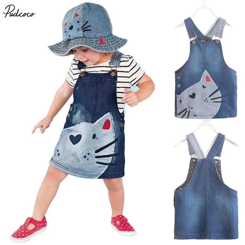 

2019 Hot New year hello kitty dress 1 Piece Baby Girls Kids Cat dress Denim Overalls Dresses Braces Clothes For Age 2-7 Years
