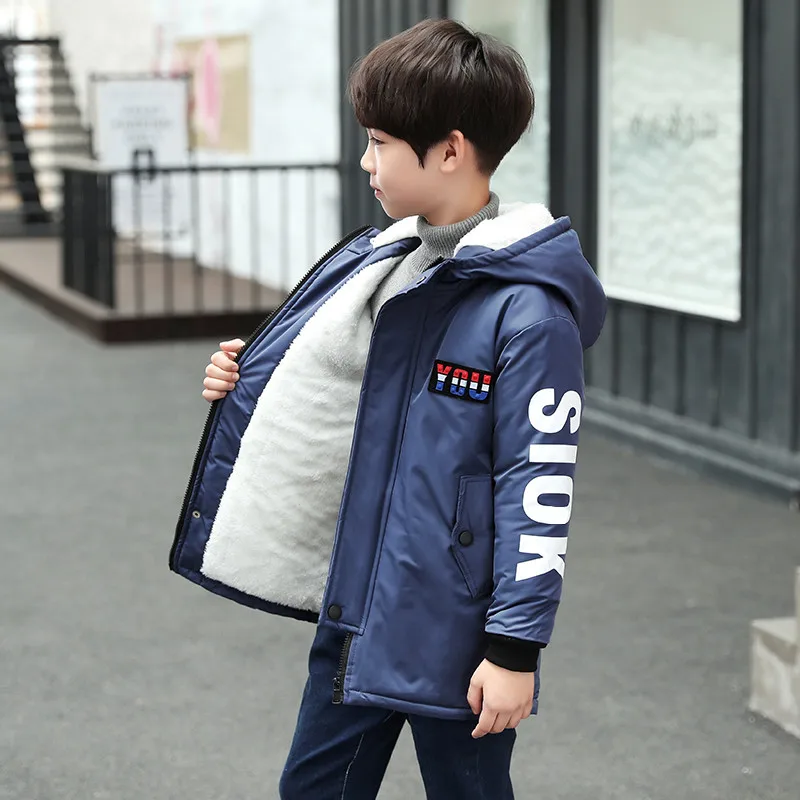 Новинка года; сезон осень-зима; детская Длинная утепленная ветровка в Корейском стиле; хлопковое пальто для мальчиков - Цвет: Синий