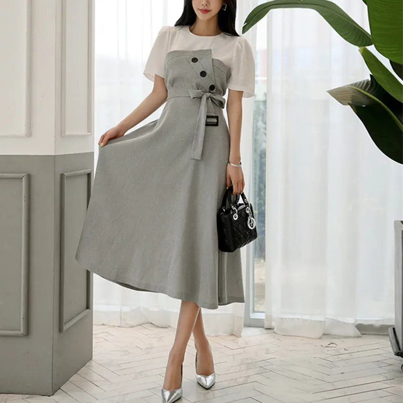 

2019 Summer Women Elegant Patchwork A-line Slim Long Office Lady Work Dress Bodycon Formal Dress Summer