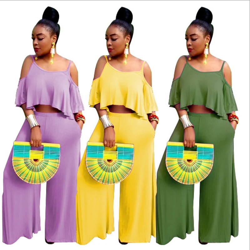 

Solid Color Ruffles Crop Top Off Shoulder Palazzo Pants Sweat Suit Loose Oversized Two Piece Set Sexy Casual Outfits For Women