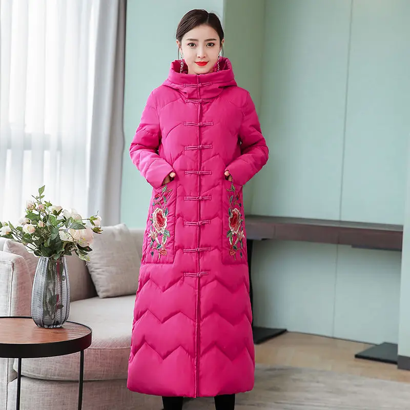 Вышивка зимняя куртка женская плюс размер 4XL китайский стиль парка с длинным капюшоном Женское пальто Женская хлопковая стеганая зимняя куртка C5703