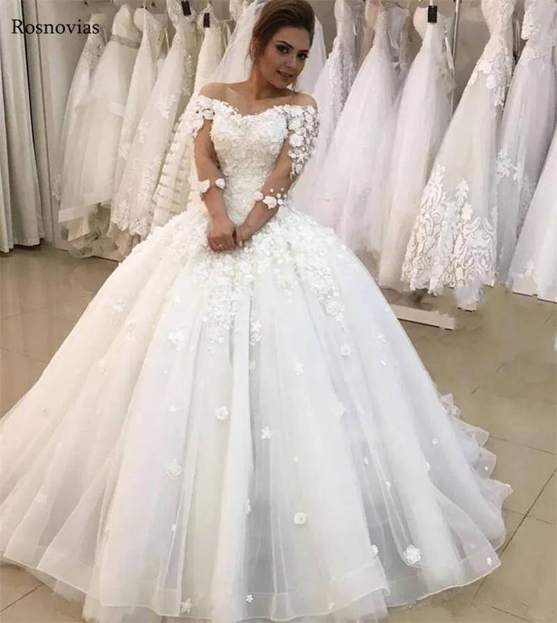 Off Shoulder Ball Gown Wedding Dresses 2020 3 4 Long Sleeves Sweep Train Hand Made Flower Modern Charming Gowns Vestido De Novia Wedding Dresses Aliexpress