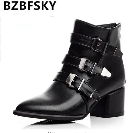 

2018 Fashion Square Heel High Heel Ankle Boots Riding Shoes Buckle Wram Pointed Toe Shoes for Woman Black Gray Women Boots