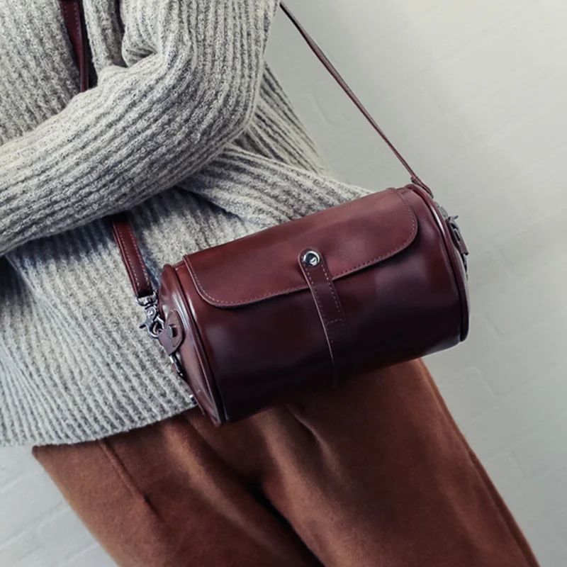 Женская мягкая кожаная круглая сумка-мешок в стиле ретро, художественная сумка через плечо, Новая повседневная сумка на плечо в японском стиле, женская маленькая сумка - Цвет: Коричневый