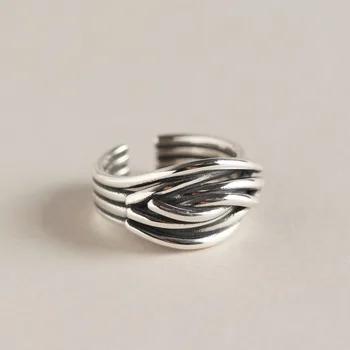 

Women's retro Authentic S925 Sterling Silver FINE Jewelry Multi-Layers Irregular Line crossed Weave Band Ring adjust TLJ564