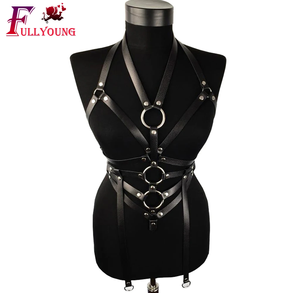 

Fullyoung Sexy Nightclub Outfit Body Bondage Crop Leather Harness Stocking Belts Women's Crop Top Stockings Bra Bondage Harness