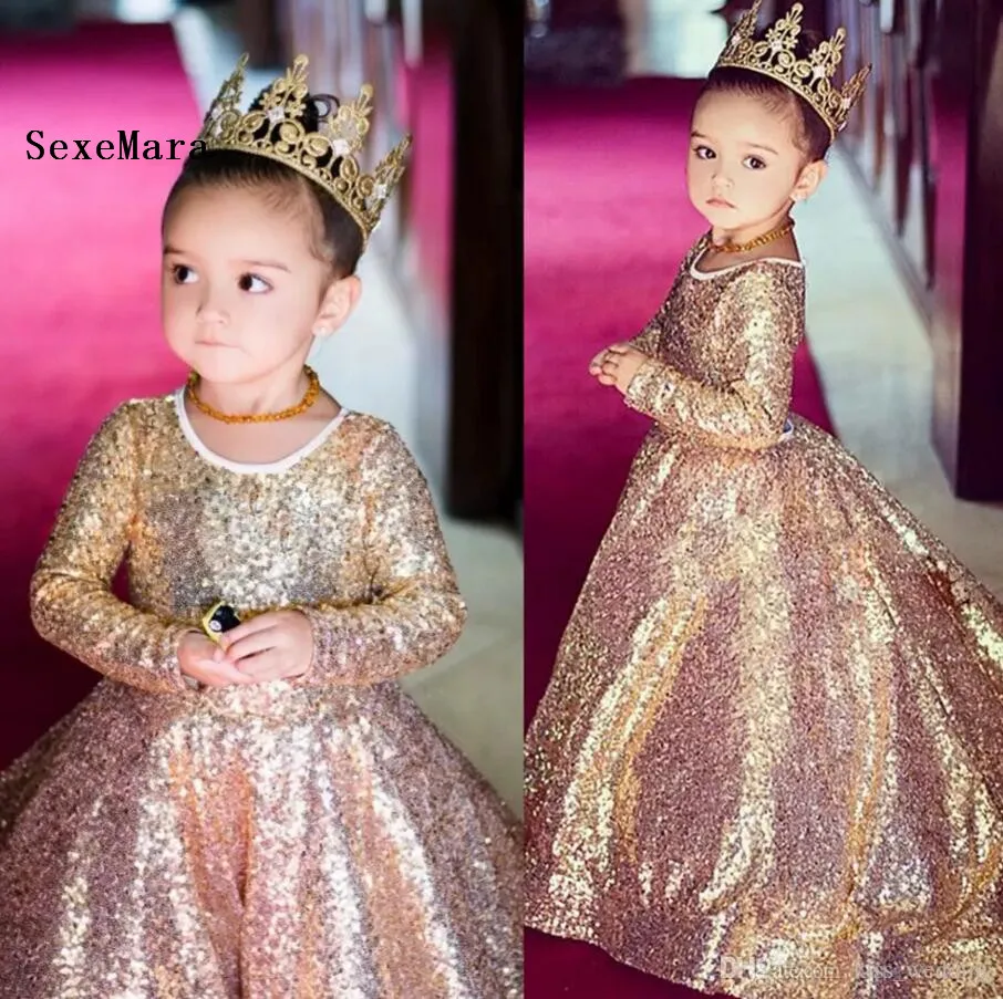 

Luxury Champagne Gold Sequined Ball Gown Flower Girl Dresses O-Neck Long Girls Pageant Dress Graduation Christmas Gown