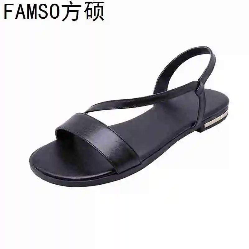 

FAMSO 2019 New Shoes Women Sandals Black Genuine Leather Flats Heels Sandals Big Size 34-43 Summer Girl Casual Flip Flops Shoe