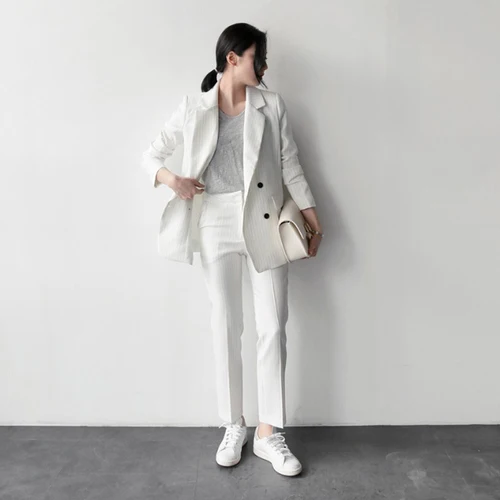 Women South Korea Long Sleeved Professional Thin Straight Stripes Two Piece Set Lady Office Lady Suit Femme