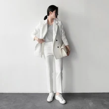 Women South Korea Long Sleeved Professional Thin Straight Stripes Two Piece Set Lady Office Lady Suit Femme