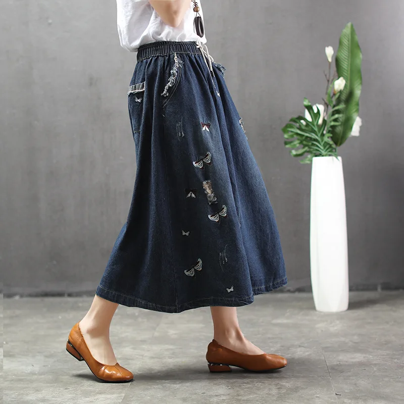 Женская длинная джинсовая юбка в этническом стиле с вышивкой бабочки Эластичный шнурок на талии повседневные свободные укороченные джинсы негабаритная юбка