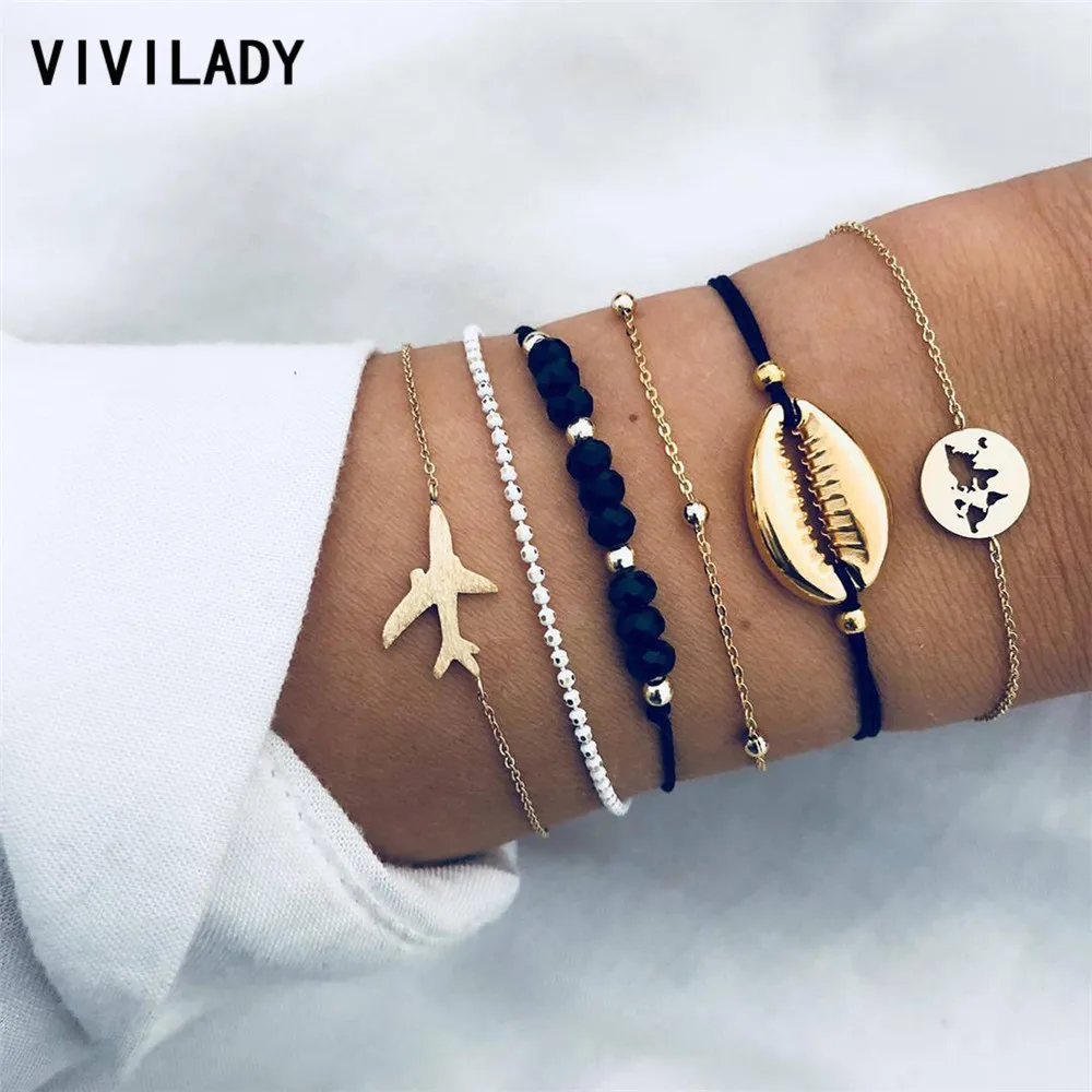 

VIVILADYEuropean Brand Women Multilayer 6PCS Charm Bracelets Trendy Black Acrylic Bead Gold Color Shell Map Plane Jewelry Bijoux