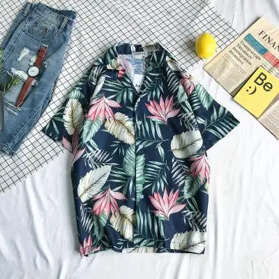 Летняя мужская модная брендовая рубашка с принтом листьев в стиле Ulzzang, шикарная мужская повседневная Гавайская пляжная рубашка для влюбленных, одежда для путешествий - Цвет: blue
