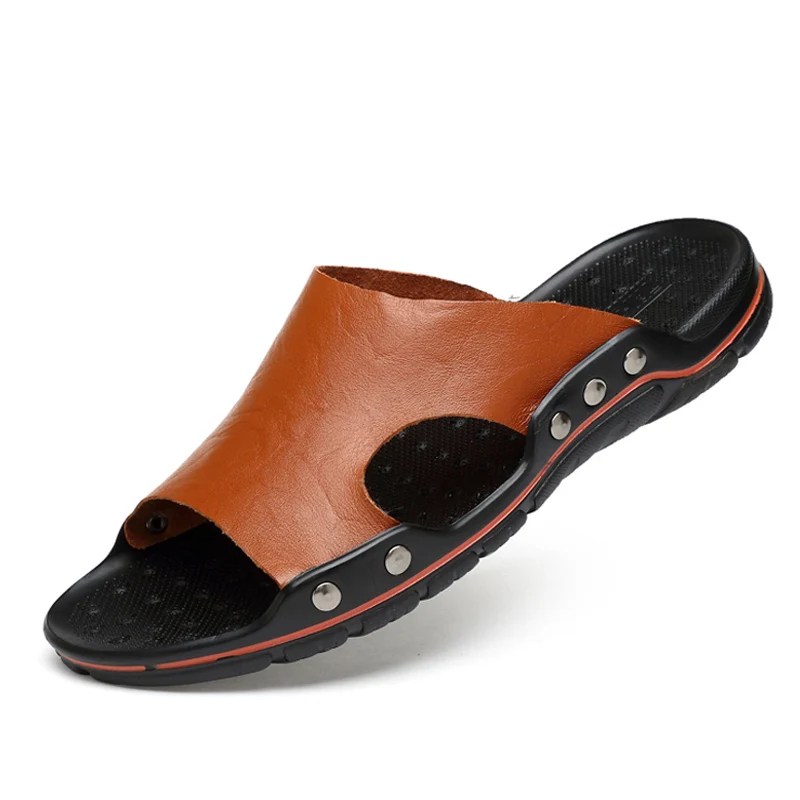 Мужские шлепанцы из натуральной кожи; модная летняя обувь ручной работы; пляжные сандалии; уличные тапочки на плоской подошве; размеры 38-48