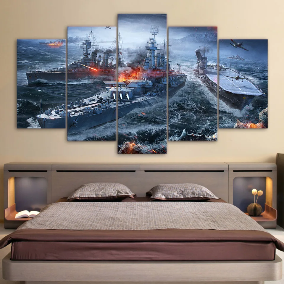 

Canvas Print Game Poster 5 Panel World Of Warships Home Decor For Living Room Canvas Painting Wall Art Pictures Landscape Decor