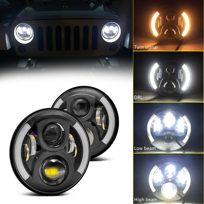 Angel Eyes Headlights for Jeep Wrangler, 7 Inch LED Headlights, JK Turn Signal LED Halo, Half Angel Eye Projector Headlight , JK 07-16