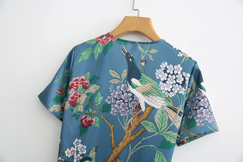 ShejoinSheenjoy Women Vintage Bird Floral Print Maxi Dress V neck Short Sleeve Side Zipper Retro Mid-Calf Casual Ladies Dresses (13)