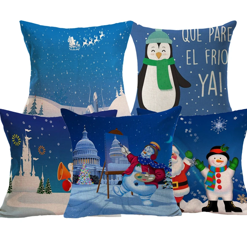 Comwarm Christmas Night Blue Series Pillow Cover Linen Cotton Sleeping Travel Santa Claus Snowman Pillowcase Decorative Home | Дом и сад